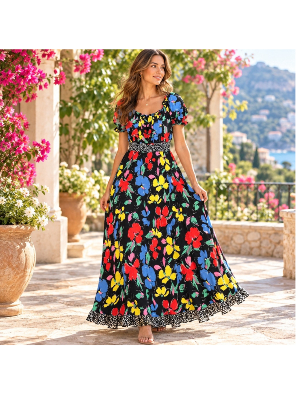 RIXO Floral Maxi Dress Size 16 Black Multicolor Puff Sleeve Rayon